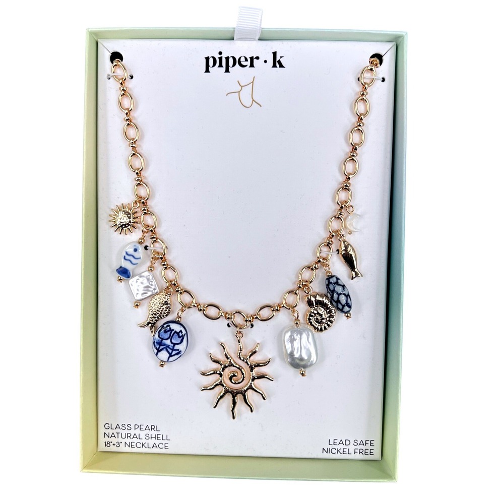 Piper K Gold Charm Necklace Sun Fish Shell Pearl Coastal 18"+3 NWT Mediterranean